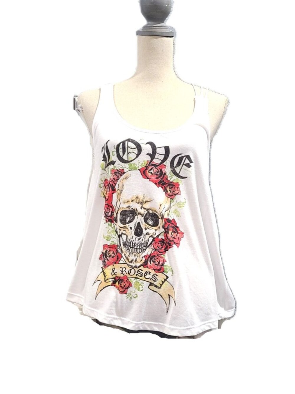Women's XL Tank Sleeveless Love & Roses Skull White Razorback Sleeveless